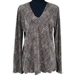 Plisse Brown Black White Puckered Crinkle Blouse Top Size L